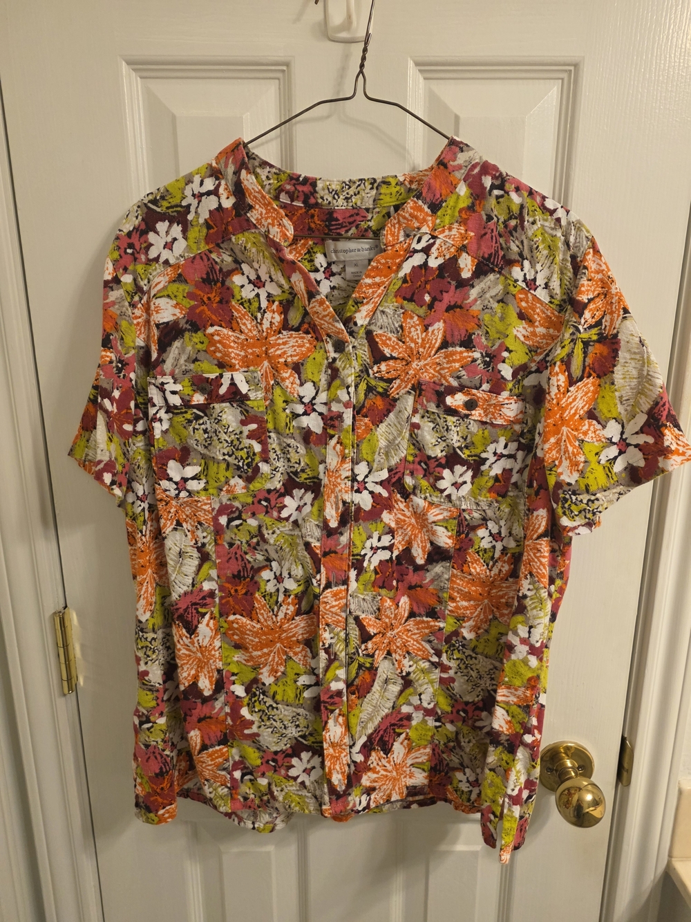 Christopher & Banks Orange Pink Green Floral Button Down Top